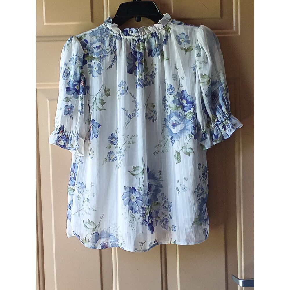 Maison d'Amélie Blue & Off-White Floral Sheer Ruffled Blouse with Cami NWT XS - Picture 2 of 5